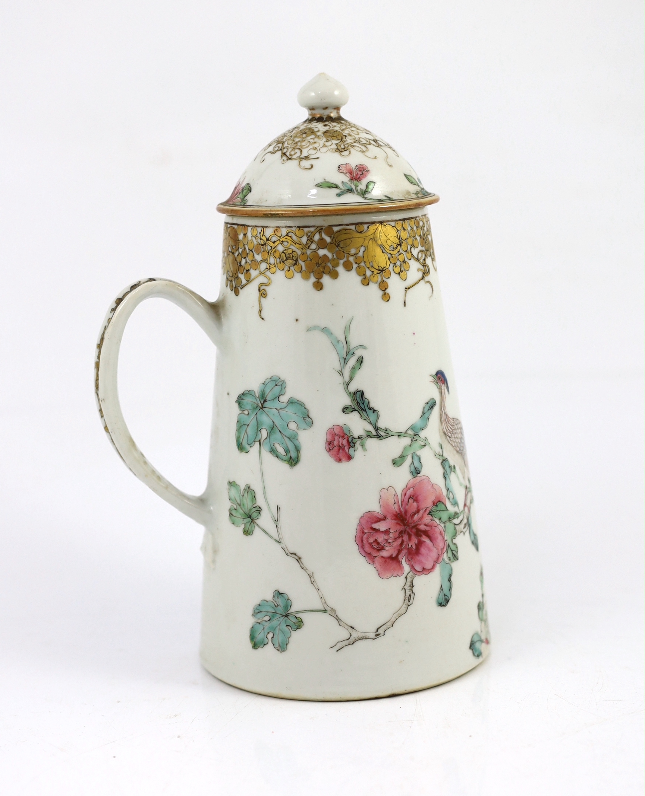 A Chinese export famille rose fencai chocolate pot and cover, Yongzheng period